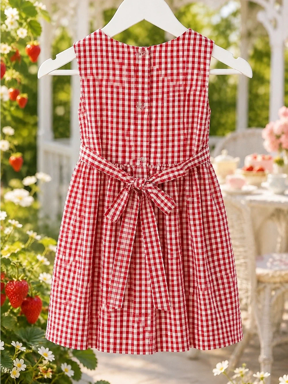 Rare Editions Girls 2T Red Gingham Strawberry Dress Hair Bow EUC